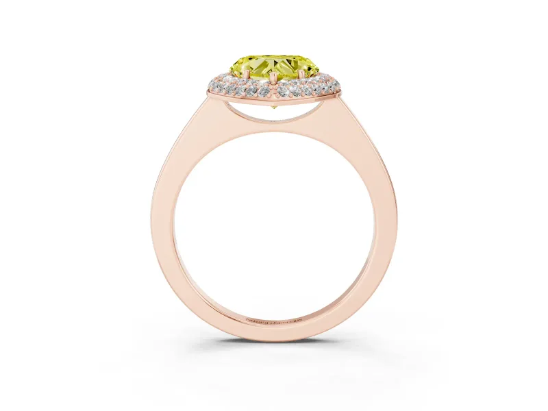 Fancy Yellow Heart Cut Diamond Halo Engagement Ring Set in Rose gold with Solitaire Band and Prong Setting