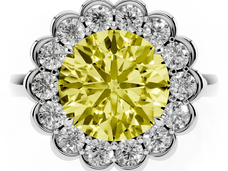 Round Scalloped Cluster Halo Engagement Ring Setting for a Fancy Yellow Lab-Grown Diamond | Plain Band | Platinum