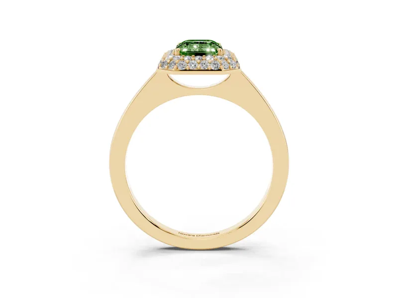 Emerald Cut Pave Halo Engagement Ring Setting for a Fancy Green Lab-Grown Diamond | Slim Plain Band | Yellow Gold