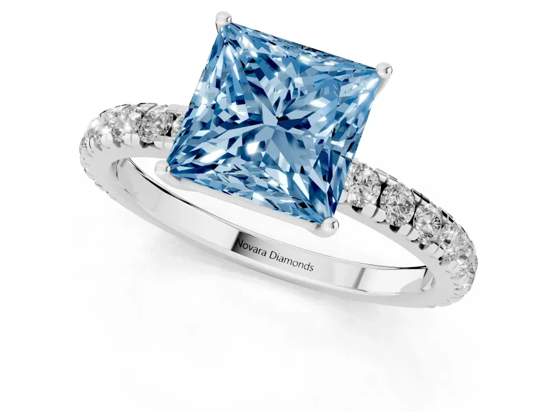 Princess Cut Pave Engagement Ring Setting for a Fancy Blue Lab-Grown Diamond | Shared Prong Band | White Gold