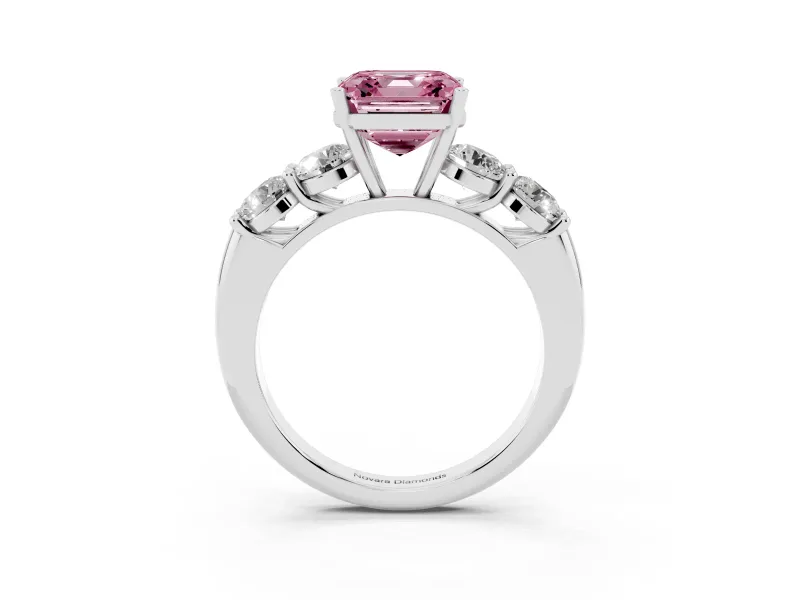 Asscher Cut Five Stone Engagement Ring Setting for a Fancy Pink Lab-Grown Diamond | Prong Set Side Stones | White Gold