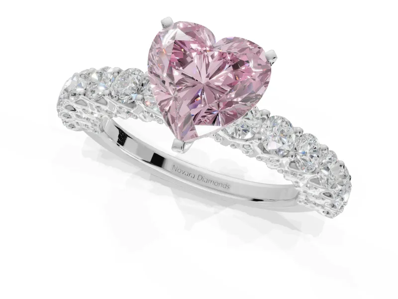 Heart-Shaped Shared Prong Engagement Ring Setting for a Fancy Pink Lab-Grown Diamond | Two-Row Band | Sterling Silver