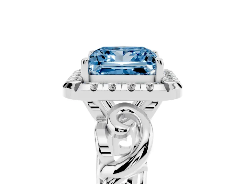 Fancy Blue Princess Cut Diamond Halo Ring Set in Platinum with Scrollwork Band and Prong Setting