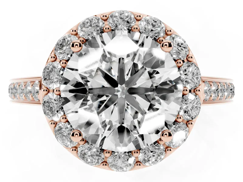Round Cut Diamond Floral Halo Ring Set in Rose gold with Pavé Band and Prong Setting