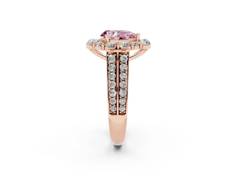 Fancy Pink Pear Cut Diamond Halo Engagement Ring Set in Rose gold with Split Shank and Prong Setting