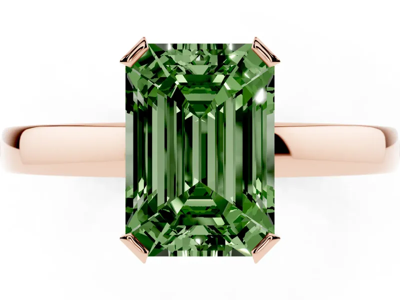 Fancy Green Emerald Cut Diamond Solitaire Ring Set in Rose gold with Prong Head and Smooth Polished Band