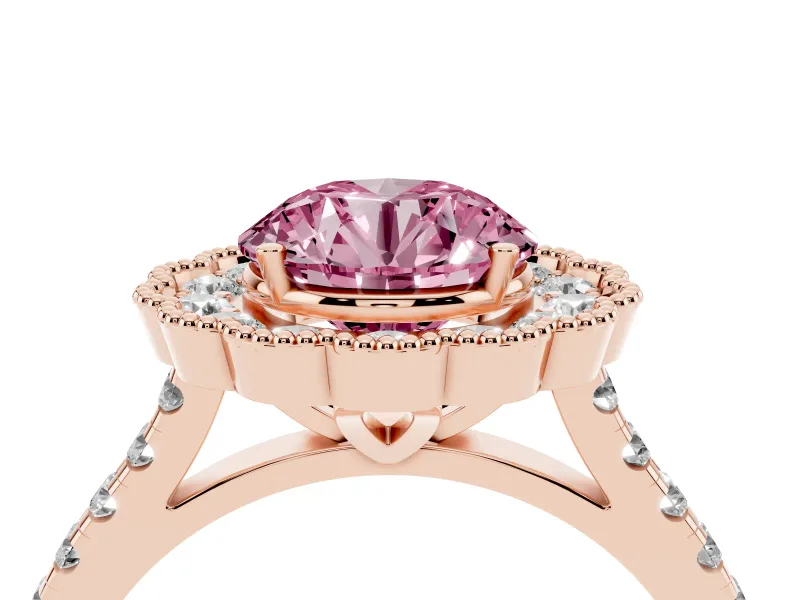 Fancy Pink Round Cut Diamond Milgrain Floral Halo Engagement Ring Set in Rose gold with Pavé Band