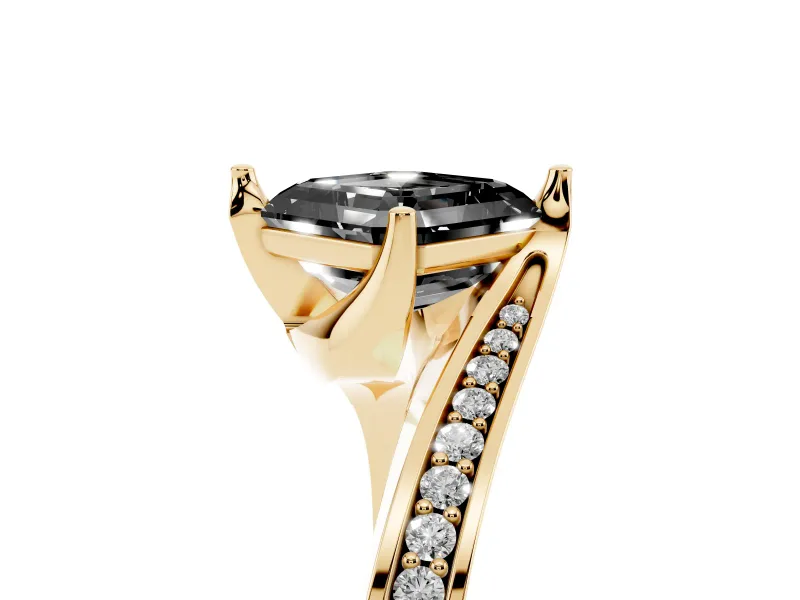 Fancy Black Asscher Cut Diamond Solitaire Ring Set in Yellow gold with Intertwined Pavé Twist Band