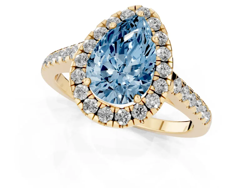 Pear-Shaped Halo Engagement Ring Setting for a Fancy Blue Lab-Grown Diamond | Pave Shoulders | Yellow Gold