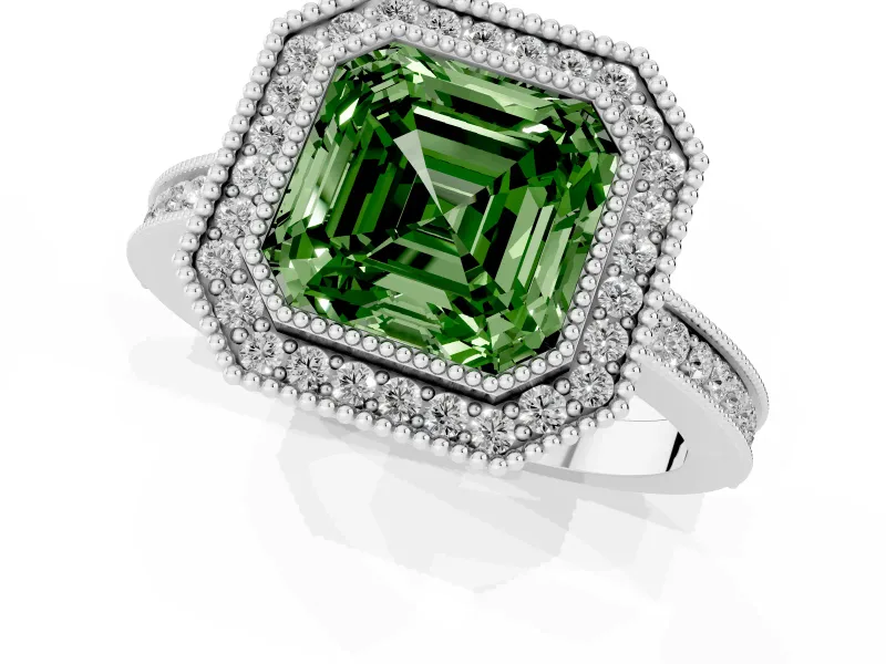 Fancy Green Asscher Cut Diamond Halo Ring Set in Silver with Pavé Band and Milgrain-Edged Prongs