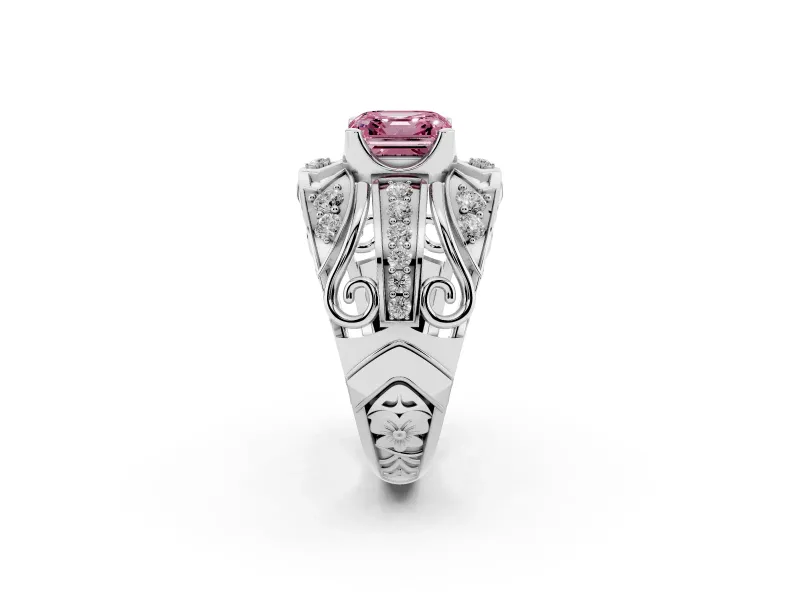 Asscher Cut Art Deco Graduated Engagement Ring Setting for a Fancy Pink Lab-Grown Diamond | Platinum