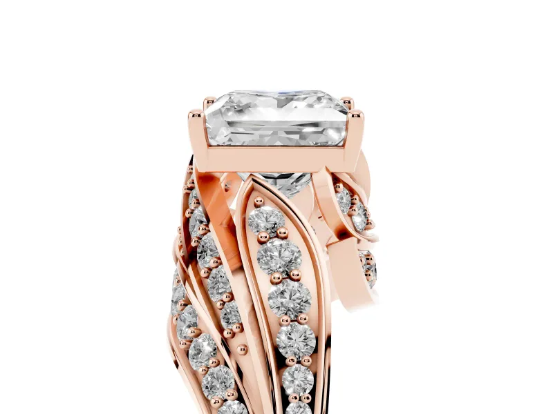Princess Cut Diamond Solitaire Ring Set in Rose gold with Layered Twist Pavé Band