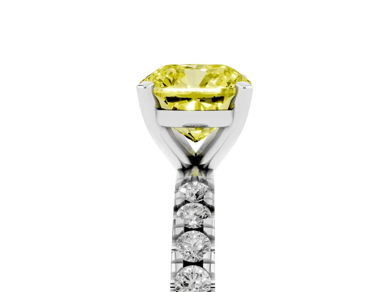 Fancy Yellow Cushion Cut Diamond Pavé Band Solitaire Set in Silver with Prong Setting