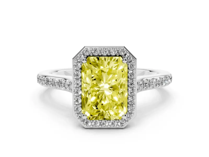Fancy Yellow Radiant Cut Diamond Halo Engagement Ring Set in White gold with Round Pavé Shoulders and Heart Gallery