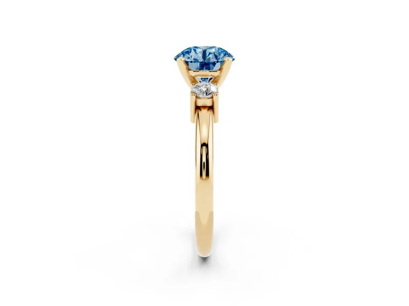 Round Three Stone Engagement Ring Setting for a Fancy Blue Lab-Grown Diamond | Round Side Stones | Yellow Gold