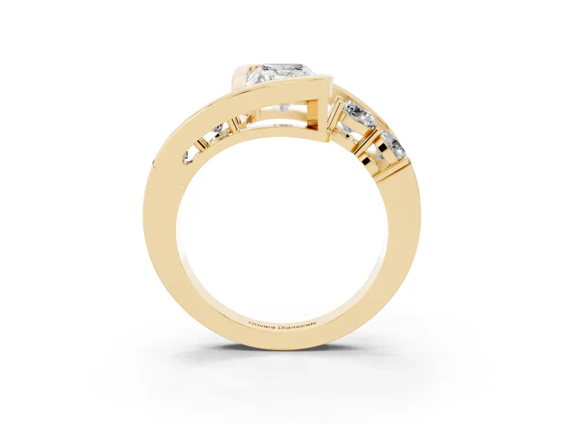 Radiant Cut Diamond Bezel Bypass Ring Set in Yellow gold with Round Accents