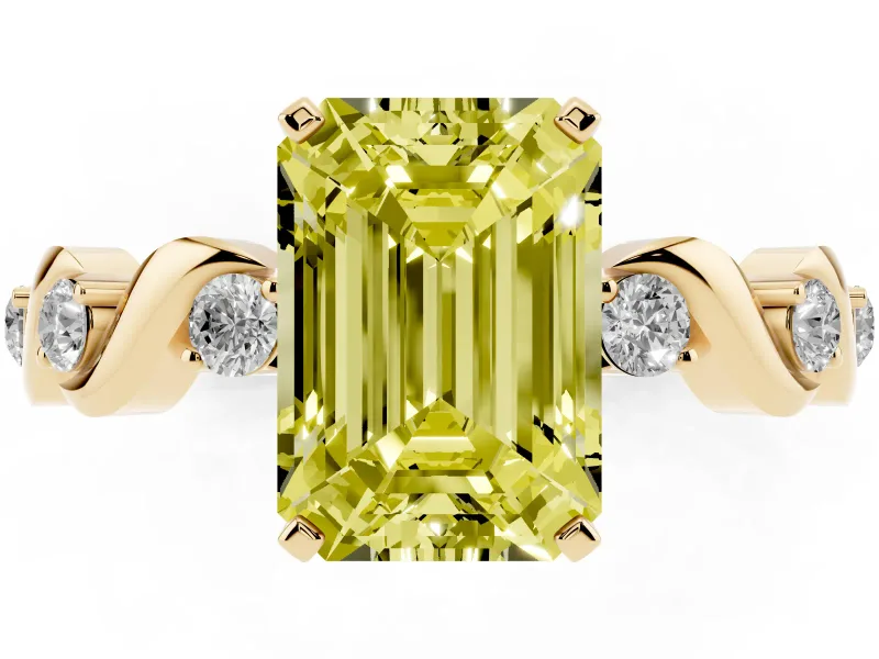 Fancy Yellow Emerald Cut Diamond Solitaire Ring Set in Yellow gold with Ribbon Twist Band, Round Accents and Prong Setting