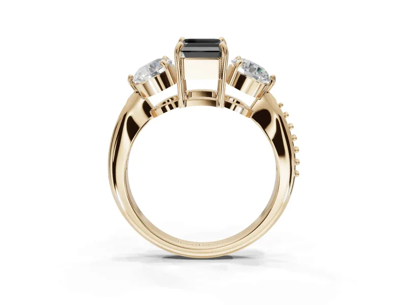 Fancy Black Emerald Cut Lab-Grown Diamond Three-Stone Ring Set in Yellow Gold with Channel-Set Band and Prong Setting