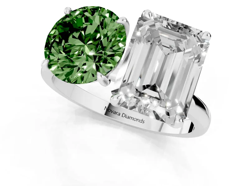 Fancy Green Round Cut and Emerald Cut Toi Moi Ring Set in White gold with Prong Setting
