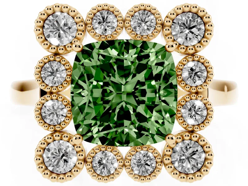 Cushion Cut Milgrain Cluster Halo Engagement Ring Setting for a Fancy Green Lab-Grown Diamond | Plain Band | Yellow Gold