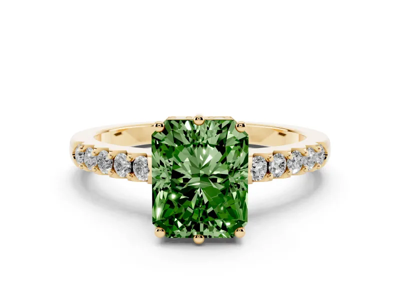 Fancy Green Radiant Cut Diamond Solitaire Engagement Ring Set in Yellow gold with Pavé Band and Prong Setting