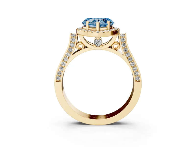 Heart-Shaped Halo Engagement Ring Setting for a Fancy Blue Lab-Grown Diamond | Pointed Pave Shoulders | Yellow Gold