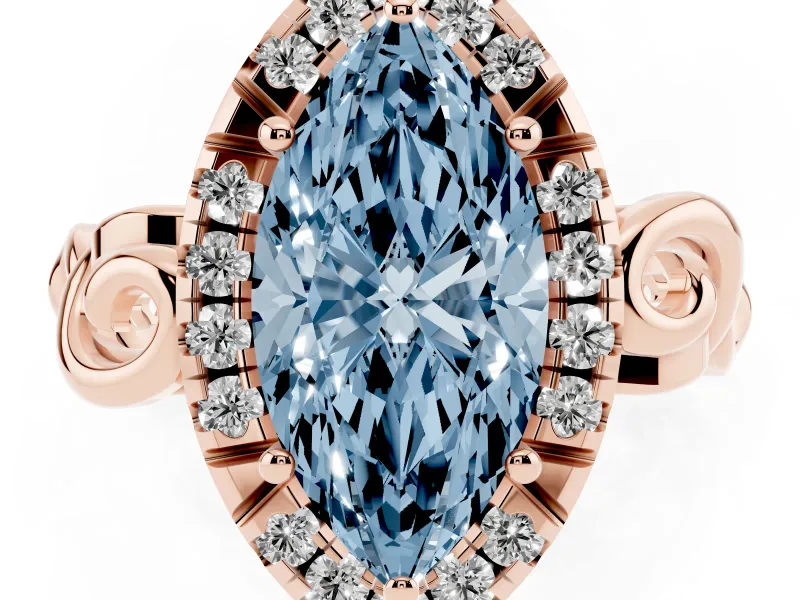 Fancy Blue Marquise Cut Diamond Halo Ring Set in Rose gold with Scrollwork Band and Prong Setting