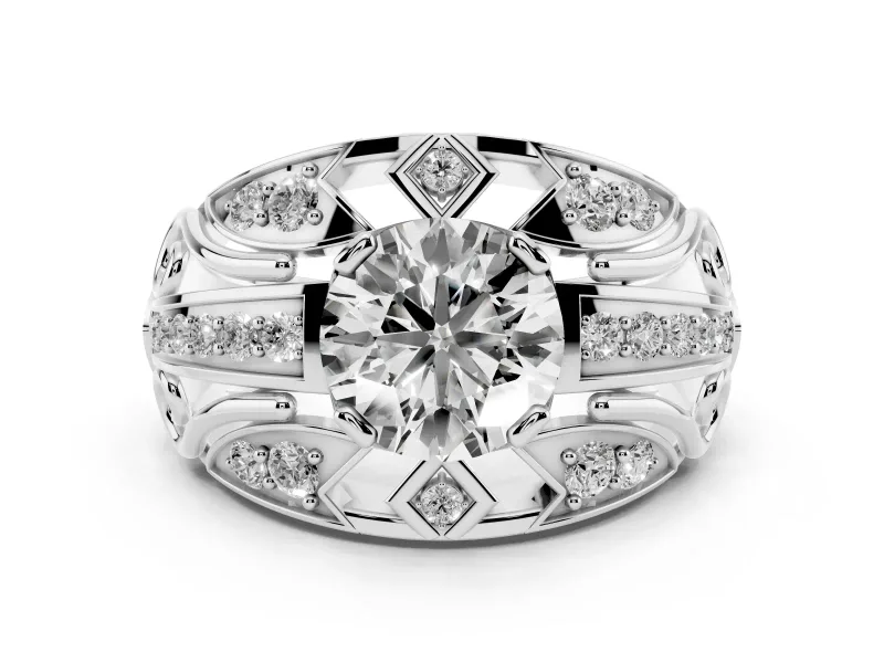 Round Cut Diamond Art Deco Ring Set in White gold with Pavé Split Shank