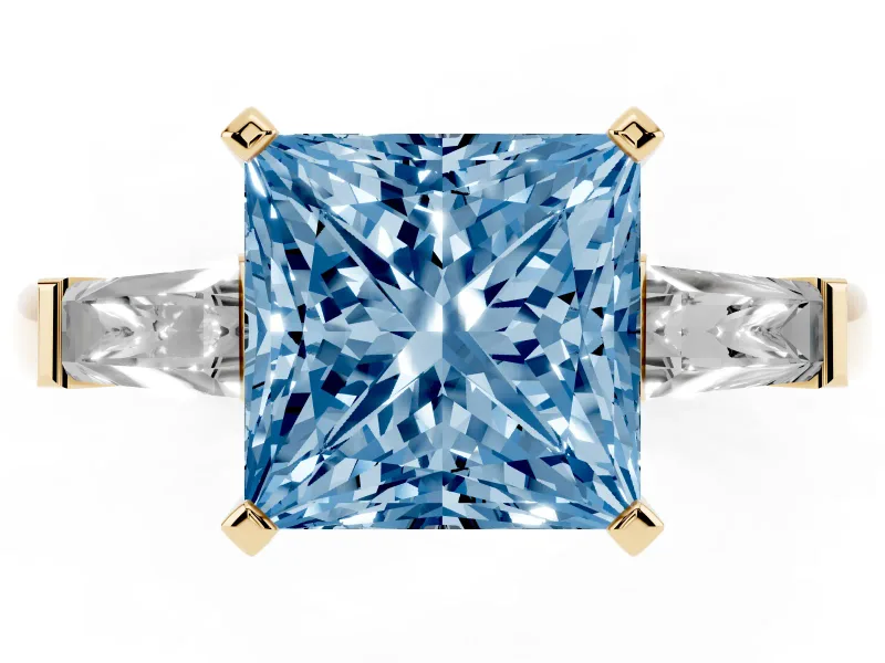 Princess Cut Baguette Engagement Ring Setting for a Fancy Blue Lab-Grown Diamond | Yellow Gold