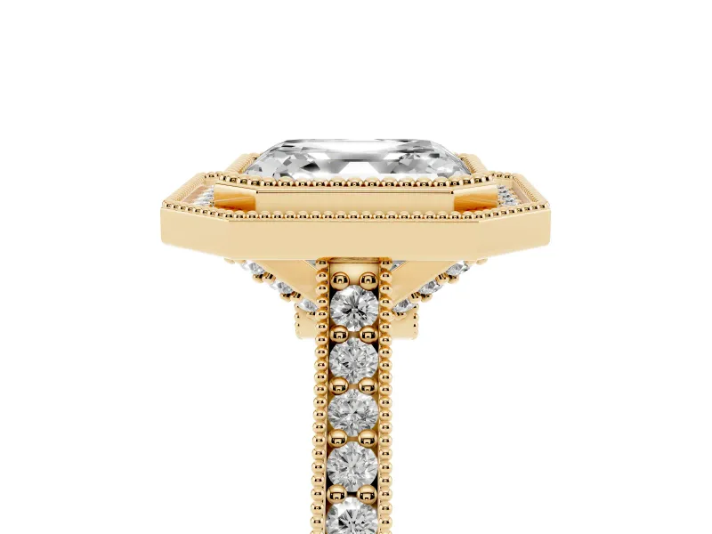 Asscher Cut Vintage Milgrain Halo Engagement Ring Setting | Bezel Head | Yellow Gold