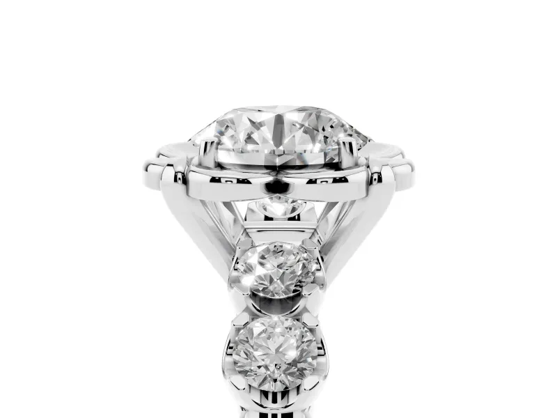 Round Floral Engagement Ring Setting | Petal Frame and Side Stones | White Gold