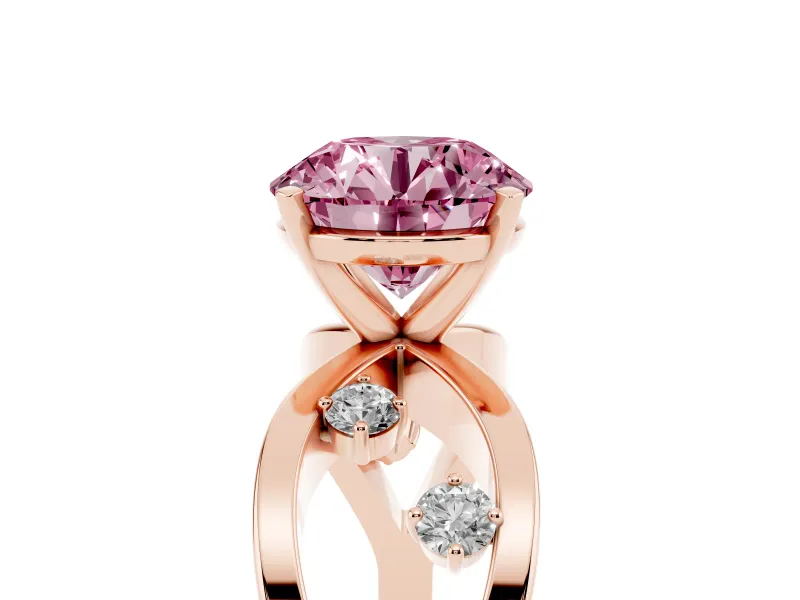 Fancy Pink Round Cut Diamond Solitaire Ring Set in Rose gold with Side Stones on Criss-Cross Band and Prong Setting