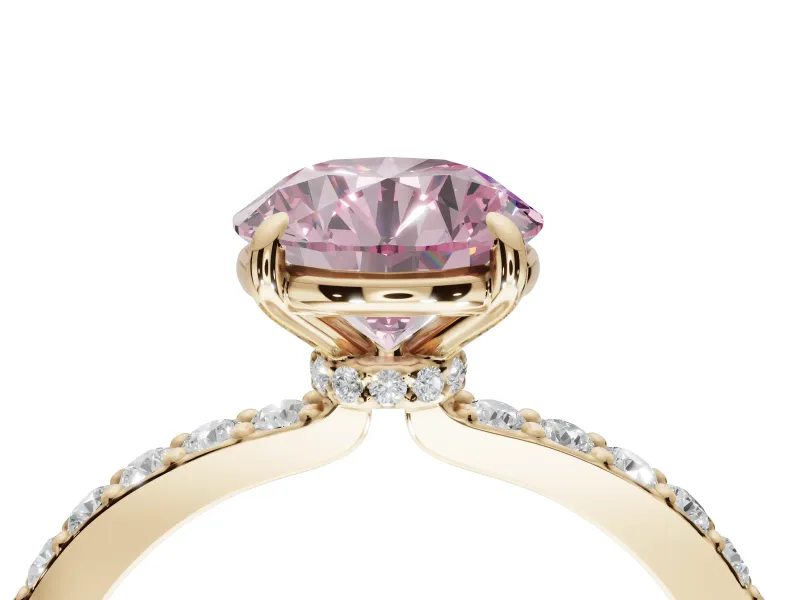 Round Hidden Halo Engagement Ring Setting for a Fancy Pink Lab-Grown Diamond | Pavé Band | Yellow Gold