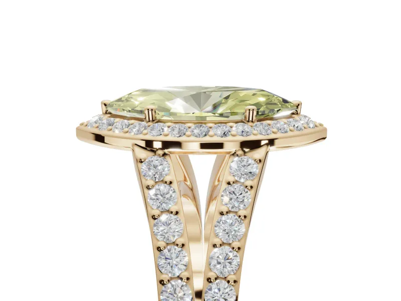 Marquise Halo Pavé Engagement Ring Setting for a Fancy Yellow Lab-Grown Diamond | Narrow Split Shank | Yellow Gold