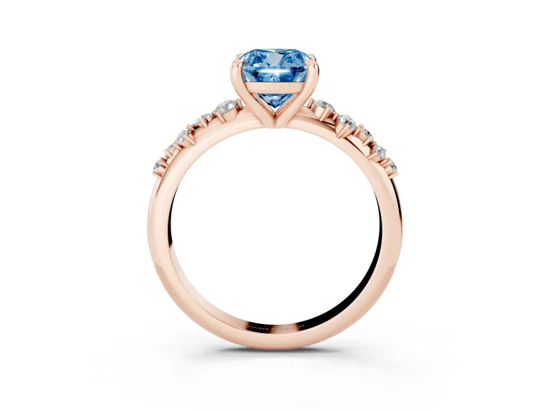 Fancy Blue Cushion Cut Diamond Solitaire Vine Band Ring Set in Rose gold with Round Accents and Prong Setting