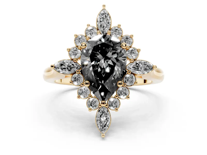 Fancy Black Pear Cut Diamond Cluster Halo Ring Set in Yellow gold with Marquise and Round Accents