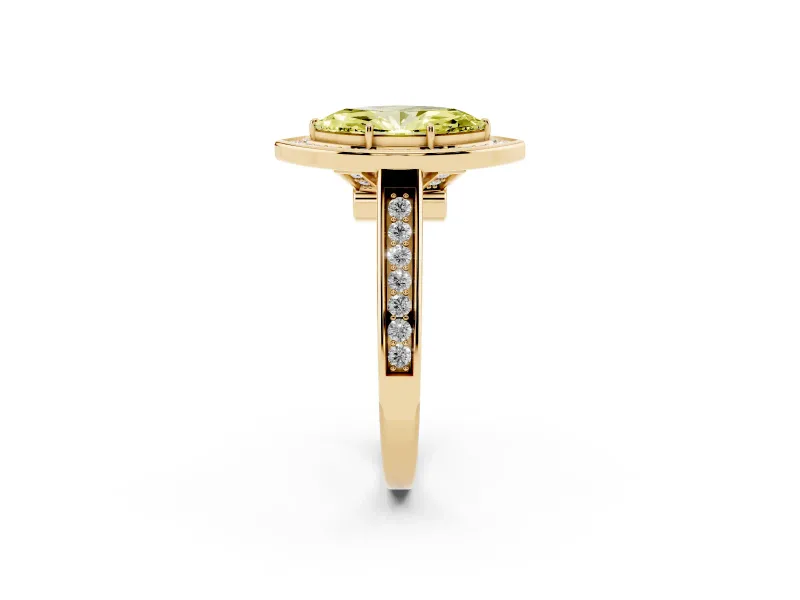 Fancy Yellow Marquise Cut Diamond Halo Solitaire Ring Set in Yellow gold with Pavé Band and Bezel Setting