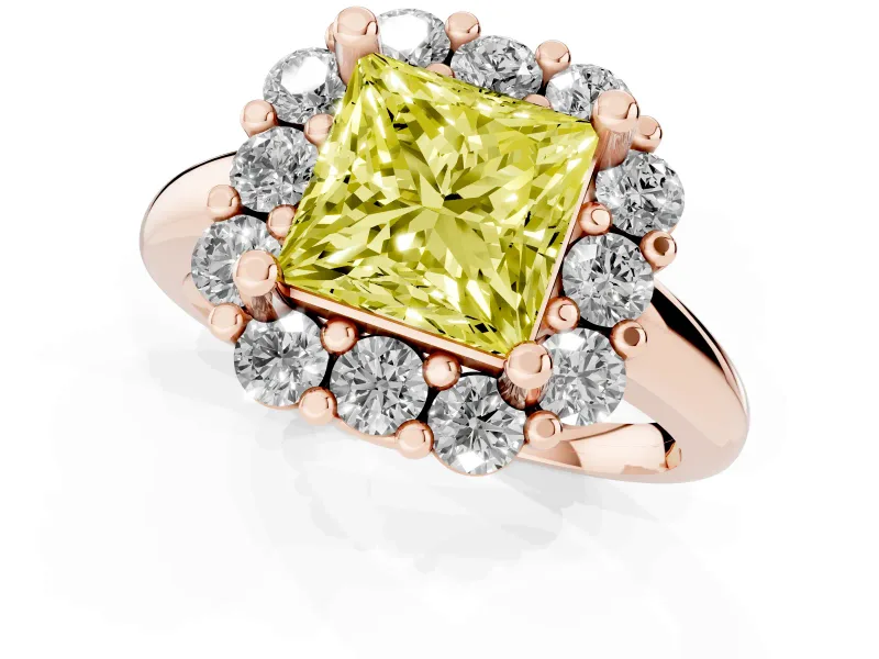 Princess Cut Cluster Halo Engagement Ring Setting for a Fancy Yellow Lab-Grown Diamond | Large Round Accents | Rose Gold