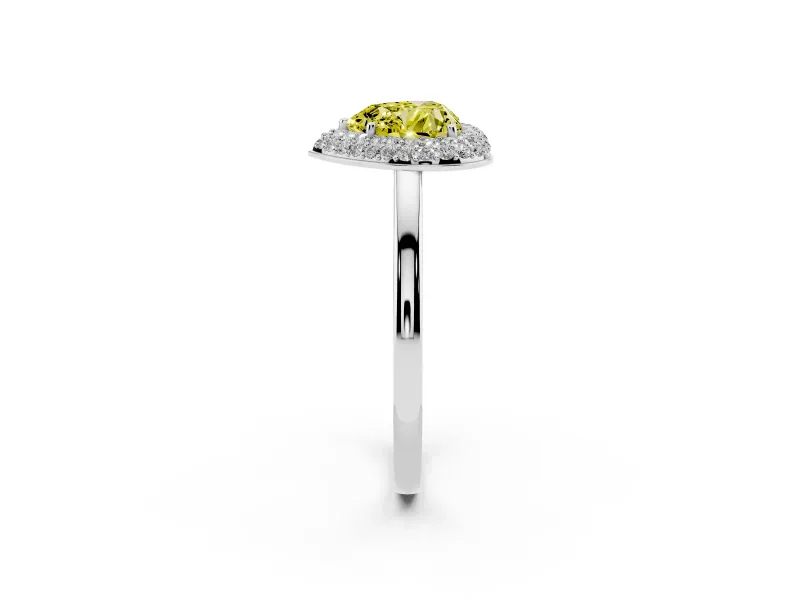 Fancy Yellow Heart Cut Diamond Halo Engagement Ring Set in White gold with Solitaire Band and Prong Setting