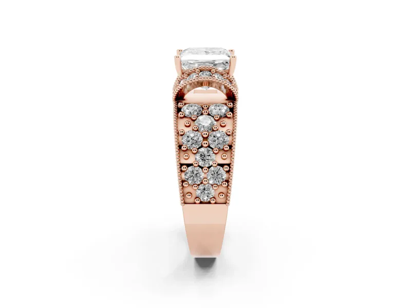 Princess Cut Vintage Milgrain Pave Engagement Ring Setting | Crescent Side Rows | Rose Gold