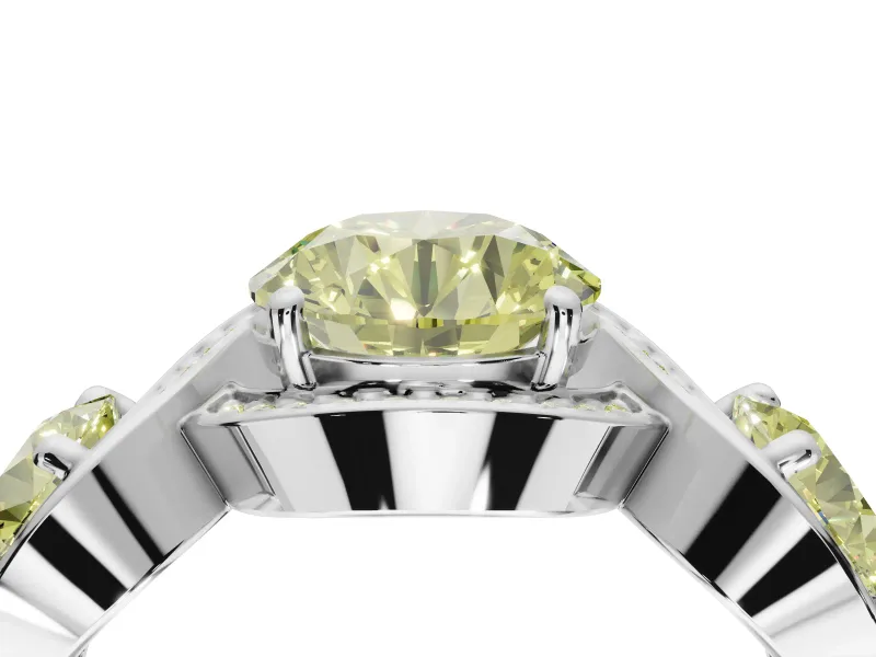 Round Three Stone Halo Engagement Ring Setting for a Fancy Yellow Lab-Grown Diamond | Pavé Wave Band | Platinum