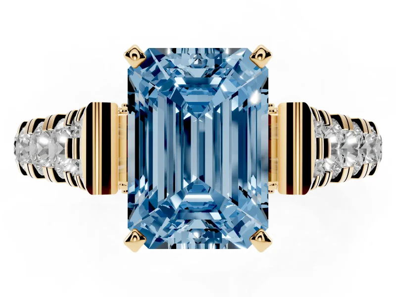 Fancy Blue Emerald Cut Diamond Classic Solitaire Ring Set in Yellow gold with Pavé Band and Prong Setting