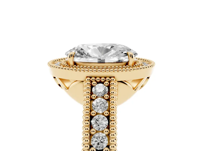 Oval Cut Diamond Halo Ring Set in Yellow gold with Round Accent Halo, Pavé Band and Prong Setting