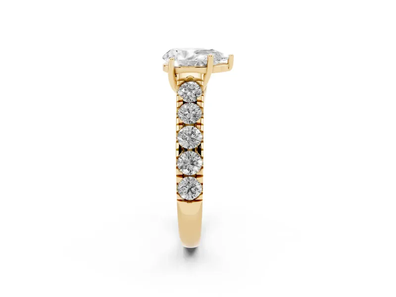 Pear-Shaped Cut-Down Side Stone Engagement Ring Setting | Scalloped Shoulders | Yellow Gold