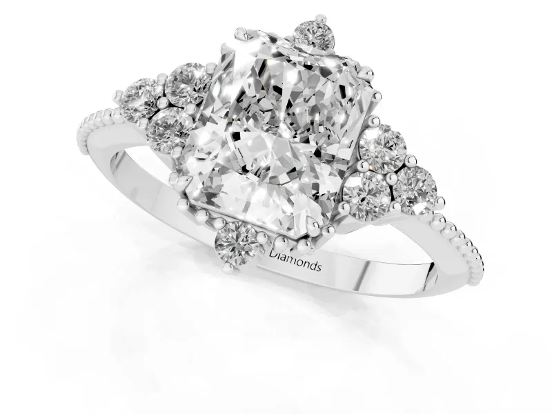 Radiant Cut Diamond Cluster Ring Set in Platinum with Beaded Band