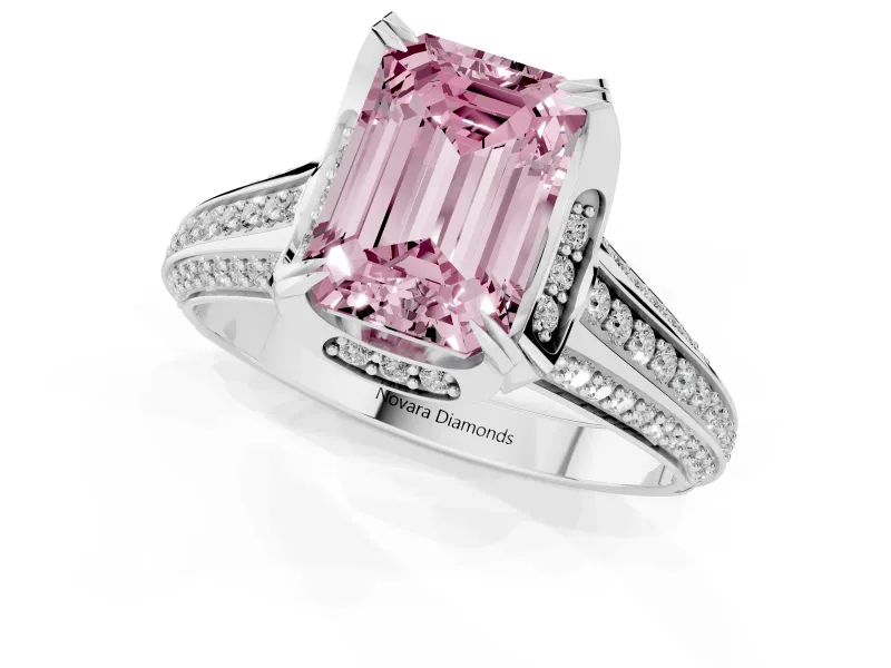 Fancy Pink Emerald Cut Diamond Pavé Split Shank Solitaire Ring Set in White gold with Prong Setting