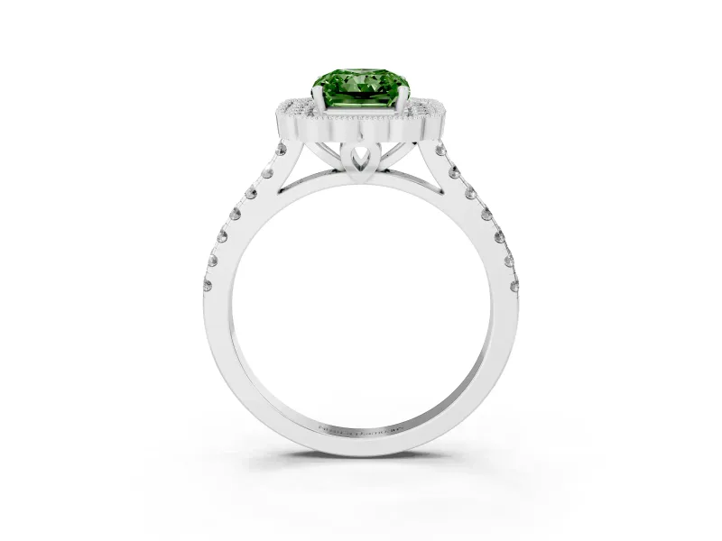 Fancy Green Radiant Cut Diamond Milgrain Floral Halo Engagement Ring Set in White gold with Pavé Band