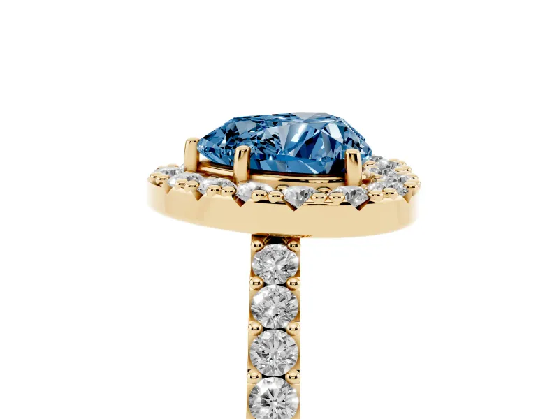 Fancy Blue Heart Cut Diamond Halo Pavé Solitaire Ring Set in Yellow gold with Prong-Set Center Stone