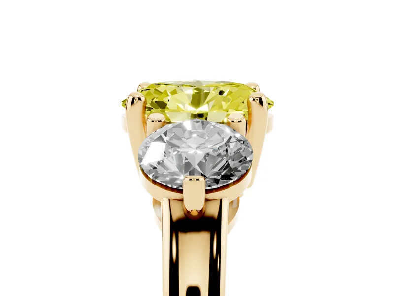 Oval Three Stone Engagement Ring Setting for a Fancy Yellow Lab-Grown Diamond | Open Prong Baskets | Yellow Gold