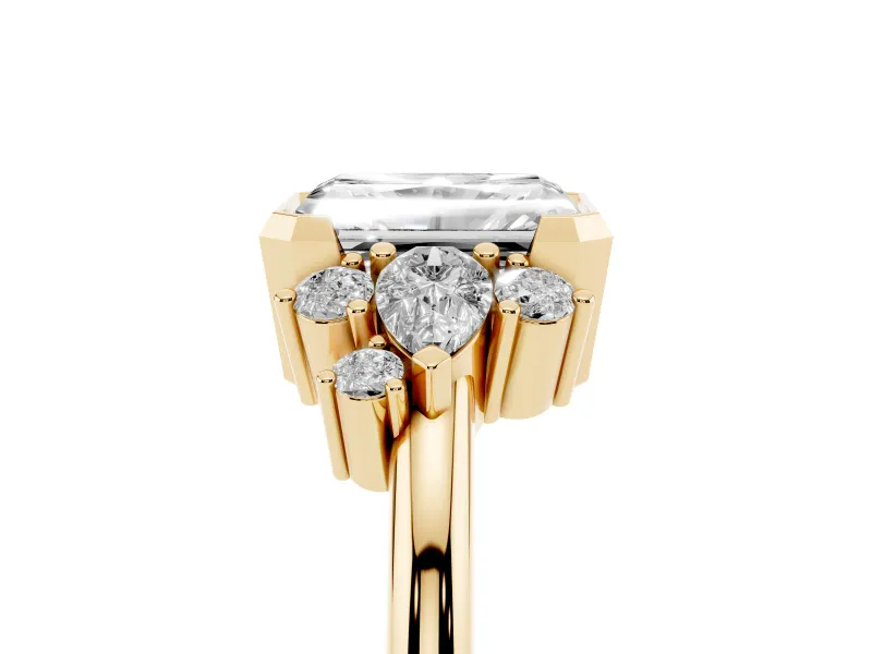 Radiant Cut Pear Side Stone Cluster Engagement Ring Setting | Bezel Frame | Yellow Gold